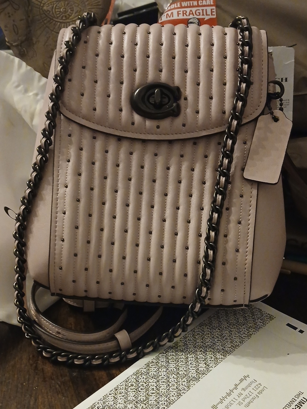Coach Quilted Studded Leather Crossbody Bag - Pale Pink Nwt